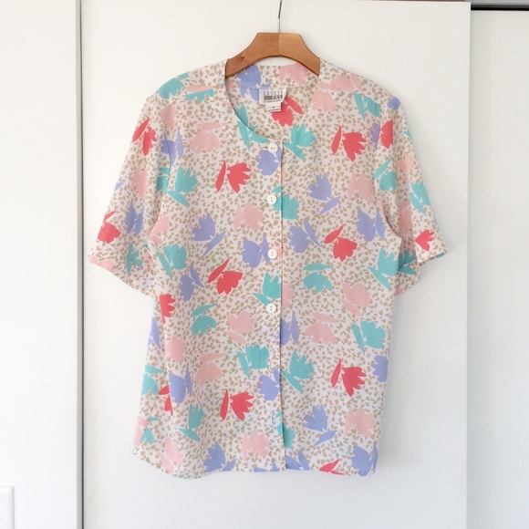 Vtg 80s Pop Art Floral Dots Button Down Shirt Top - Picture 2 of 5